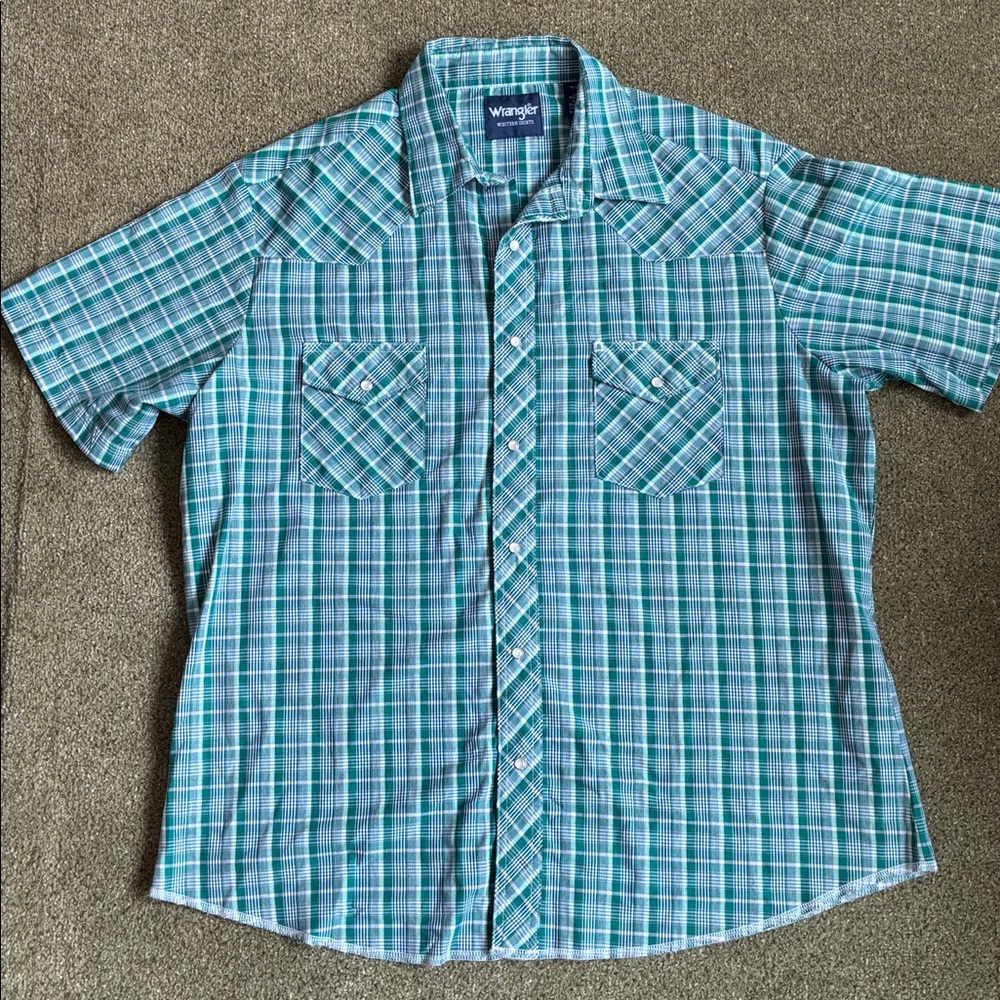 Wrangler Western Pearl Snap Shirt Short Sleeve Green White Plaid XL
